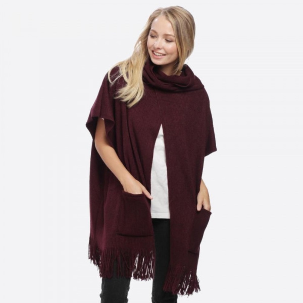 Burgundy Long Poncho Turtle Neck